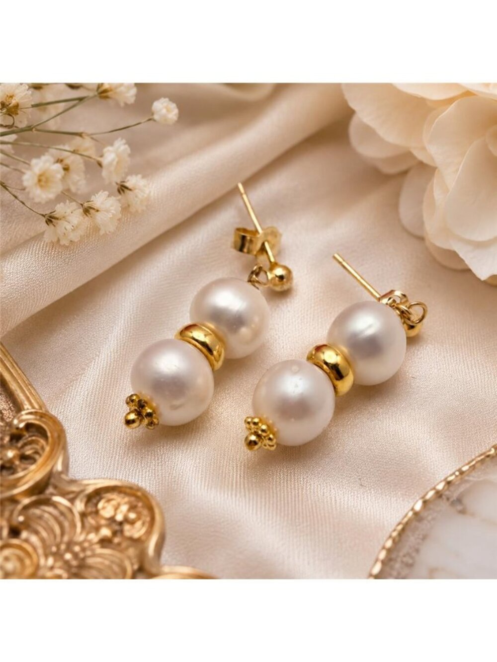 Vintage 925 Sterling Silver Natural Pearl Gold Vermeil Drop Earrings 0.75"  12mm